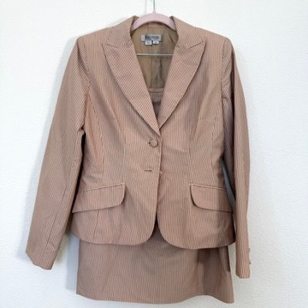 Kay Unger Pinstripe Blazer Skirt Suit Neutral Beige Red Preppy Career Set Size 8